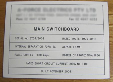 Main Switchboard Compliance Plates